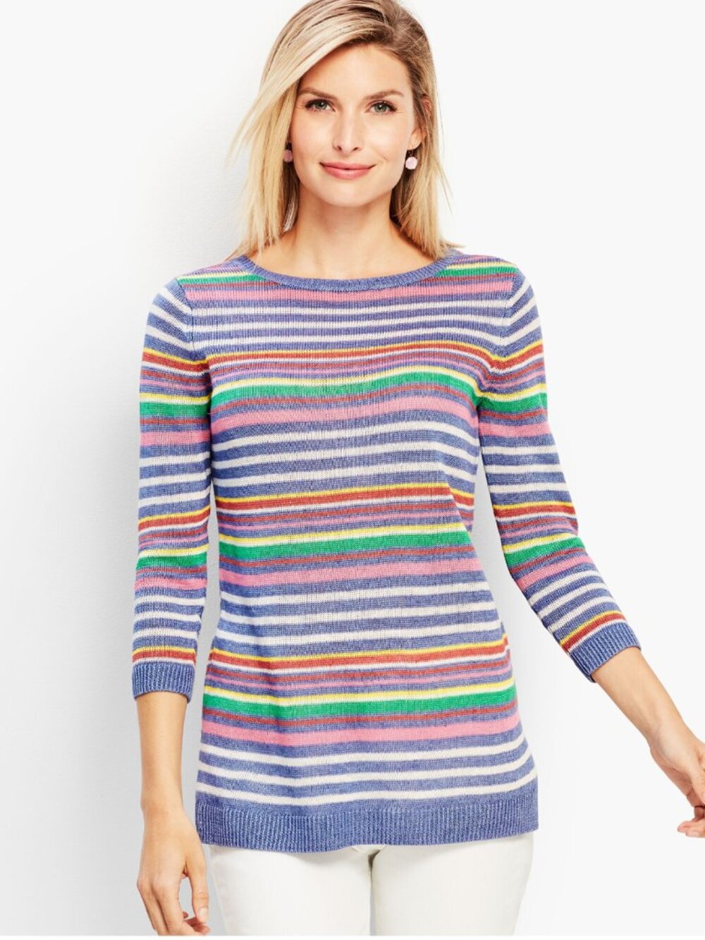 TALBOTS Petunia Stripe Linen Crewneck Sweater Size XL